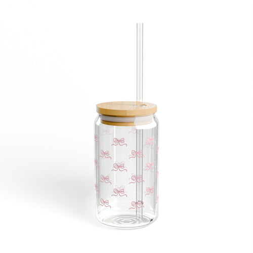 16oz Glass Sipper Cup with Bamboo Lid — Pink Bow Pattern