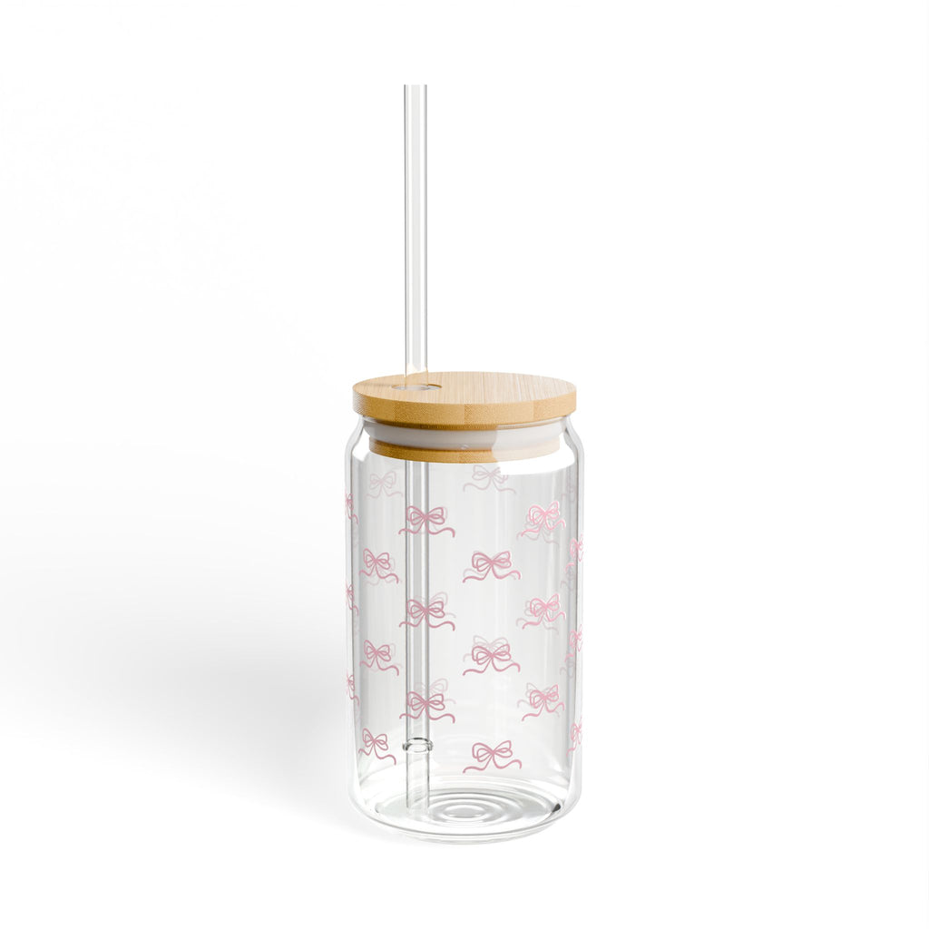 16oz Glass Sipper Cup with Bamboo Lid — Pink Bow Pattern