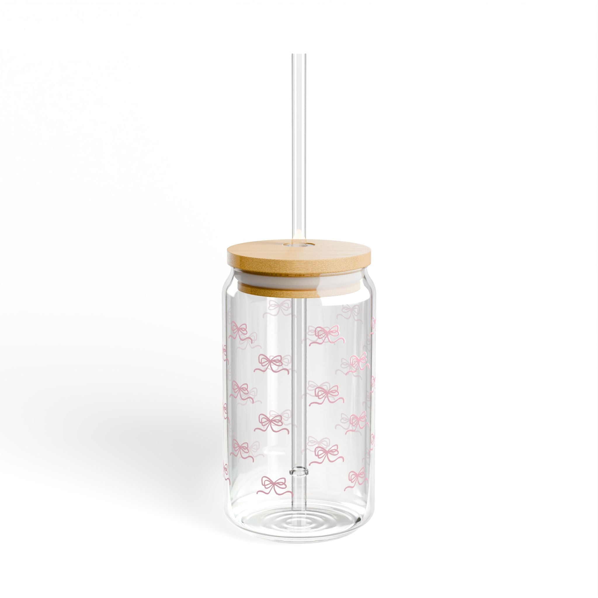 16oz Glass Sipper Cup with Bamboo Lid — Pink Bow Pattern
